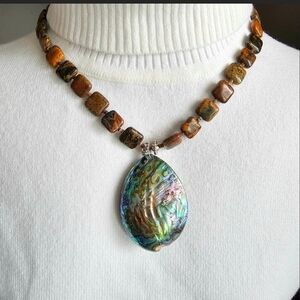 Large Teardrop Paua Abalone and Turquoise Chip Necklace